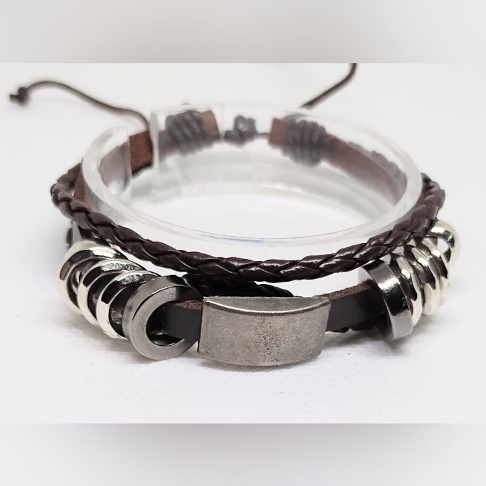 Men's‎ bracelet leather braided layered brown new e51